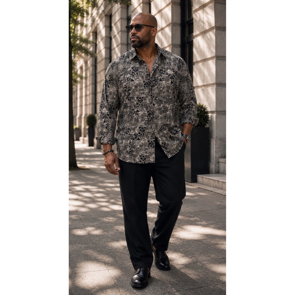 VTG 90s Silk Club Men's Silk Button Down Shirt Artsy Relaxed Tribal Sz 2XL Tall